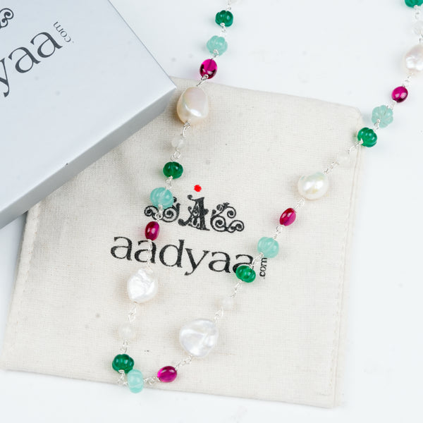 Sterling silver Ganthan necklace with colourful stones and baroque pearls