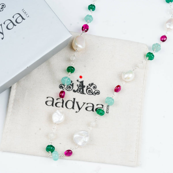 Sterling silver Ganthan necklace with colourful stones and baroque pearls