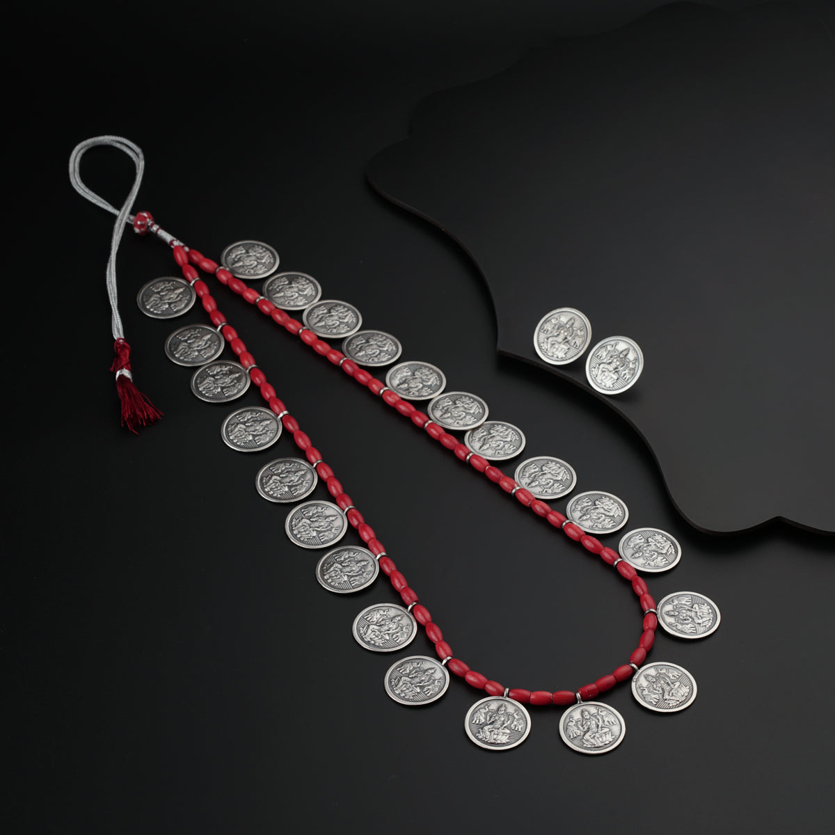 Coral Putali Coin Haar Set: Long ( Coin necklace ) | 92.5 Silver | Oxidised Finish