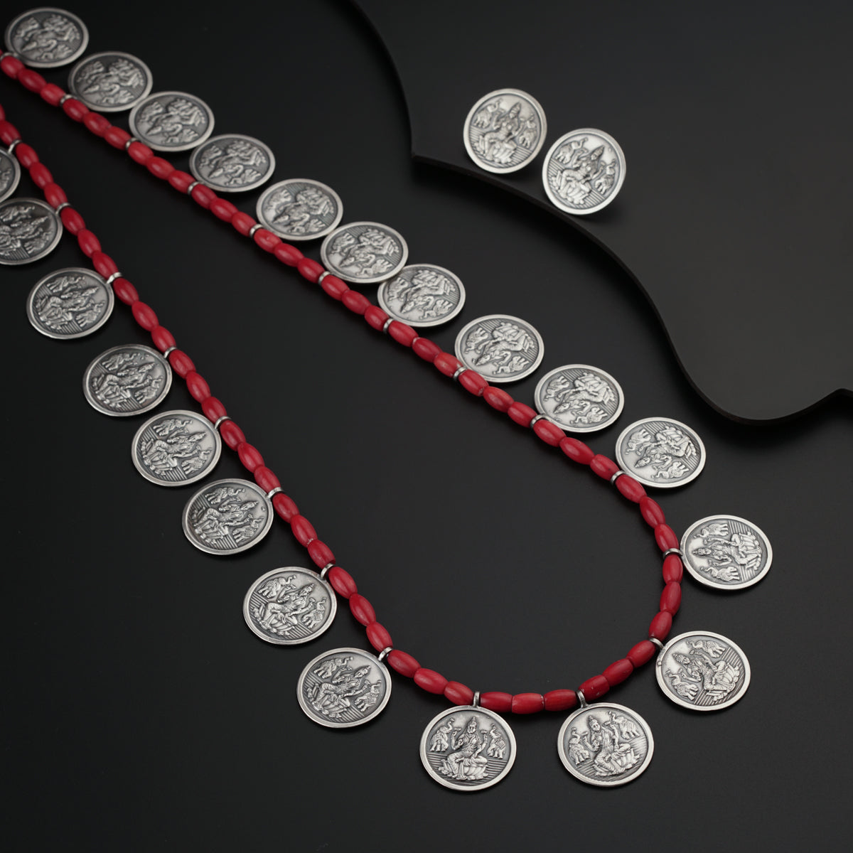 Coral Putali Coin Haar Set: Long ( Coin necklace ) | 92.5 Silver | Oxidised Finish