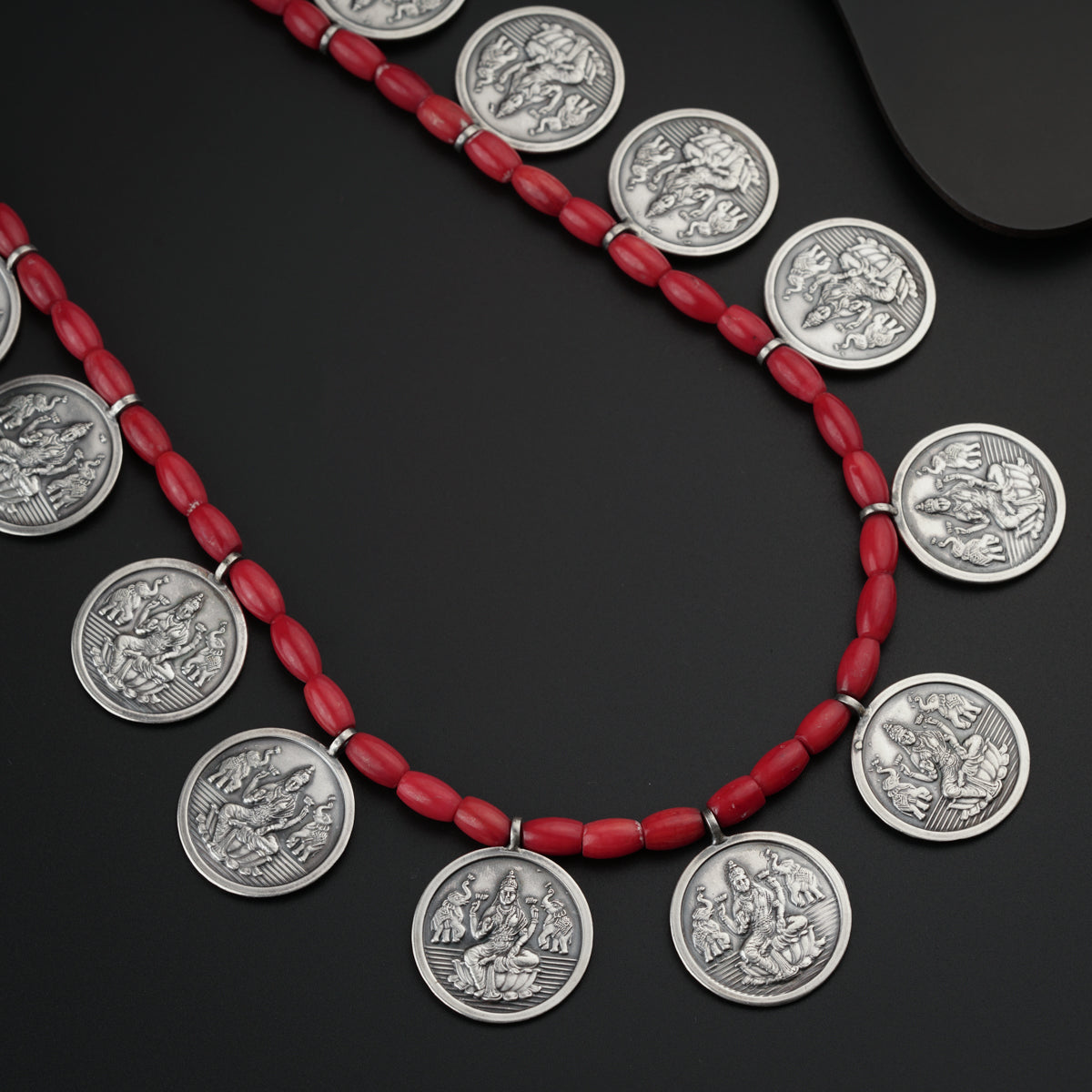 Coral Putali Coin Haar Set: Long ( Coin necklace ) | 92.5 Silver | Oxidised Finish