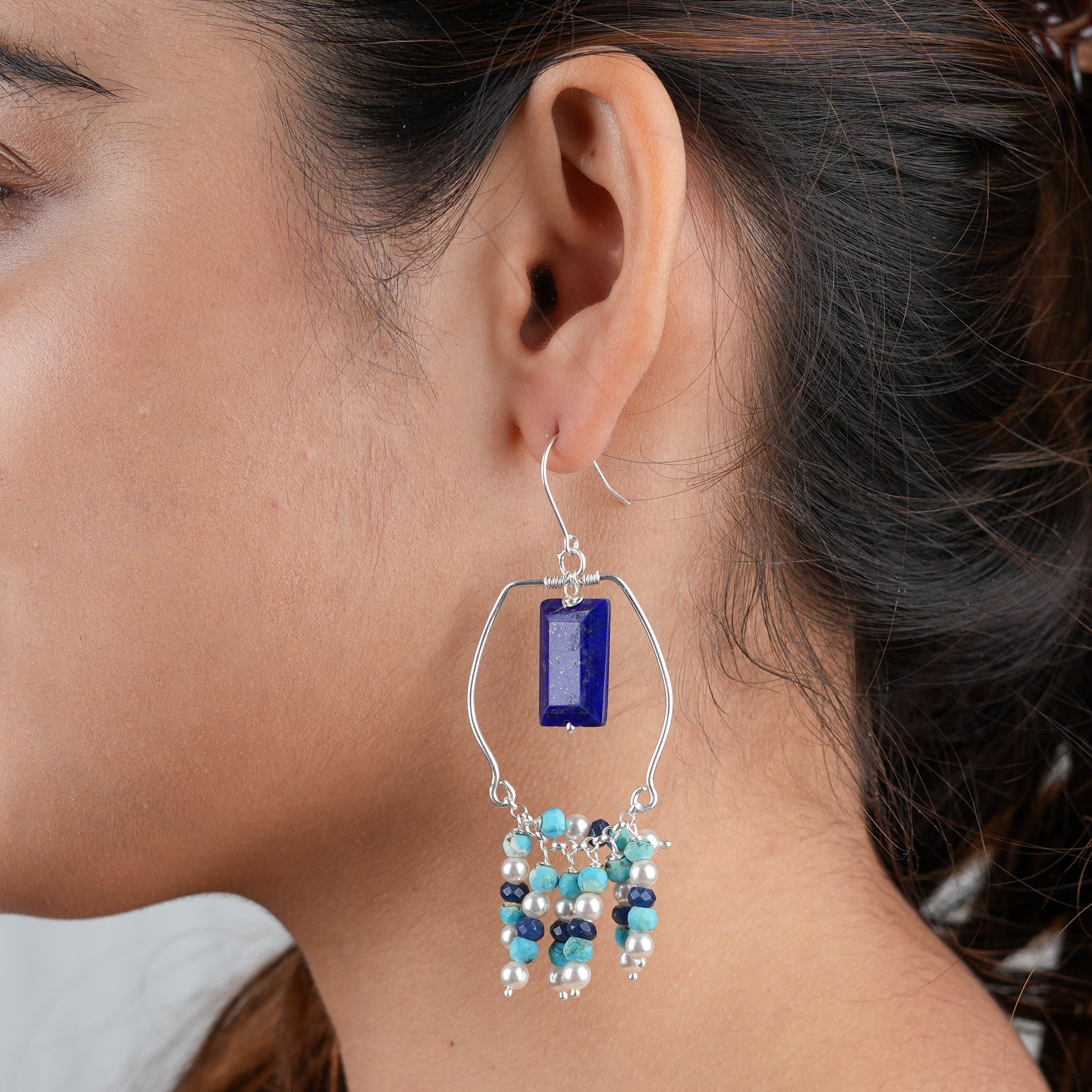 Lapis Lazuli, Turquoise & Pearl Earrings (Project Handmade)