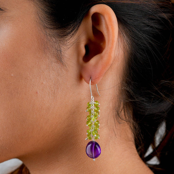 Handcrafted peridot and amethyst gemstone silver earrings