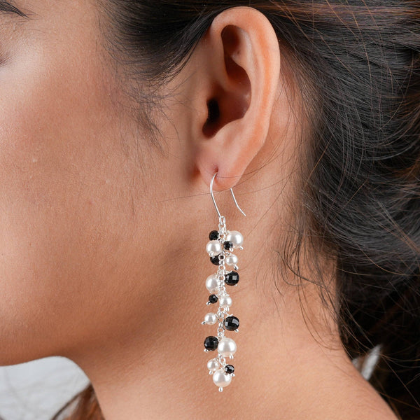 Handcrafted black spinel and pearl silver earrings for women