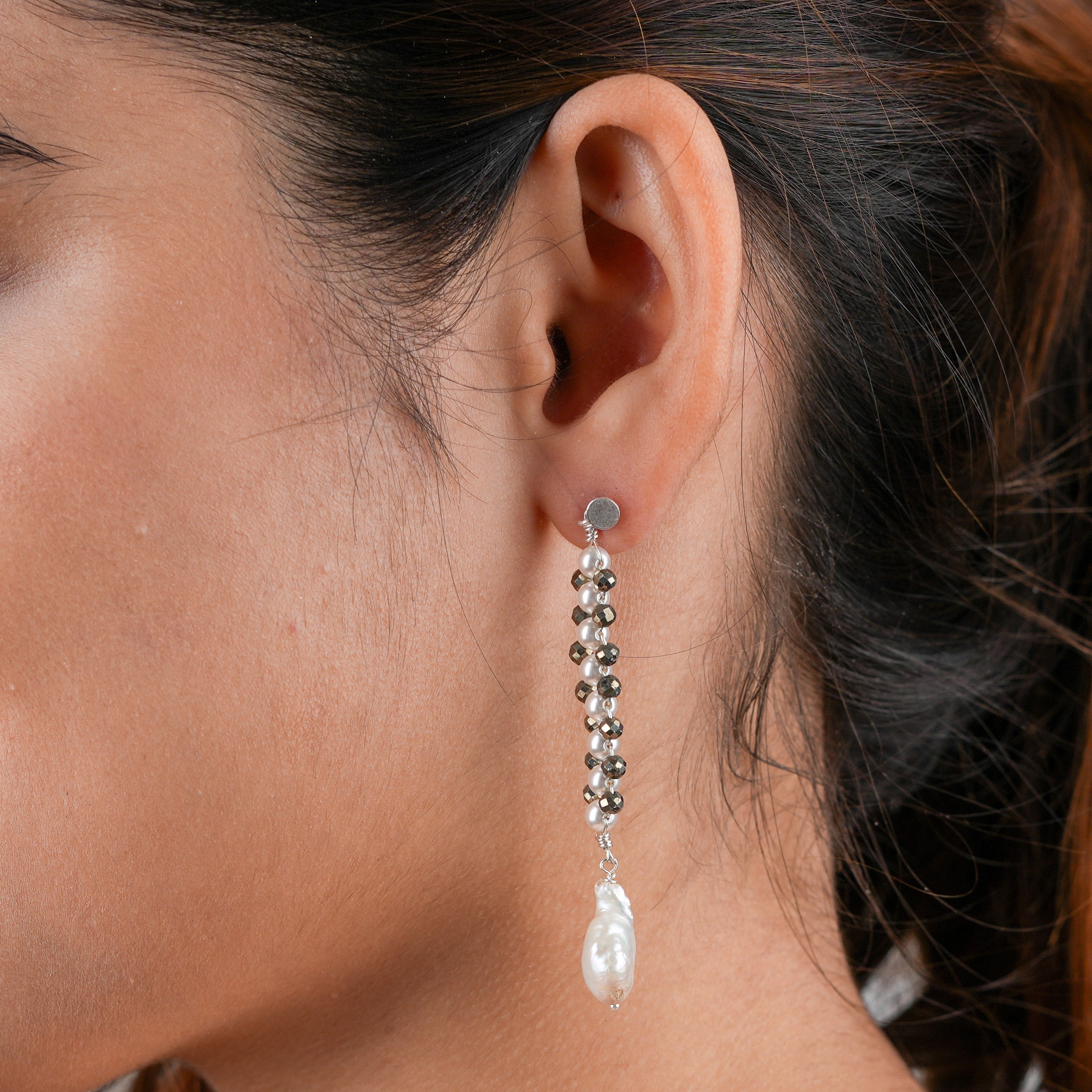 Pyrite & Pearl Silver Earrings (Project Handmade)