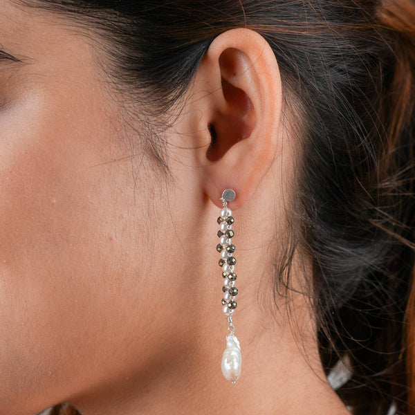 Handcrafted pyrite and pearl silver earrings for women