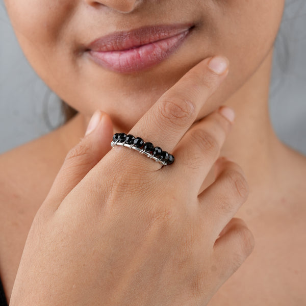Handcrafted black spinel wrapped silver ring for women