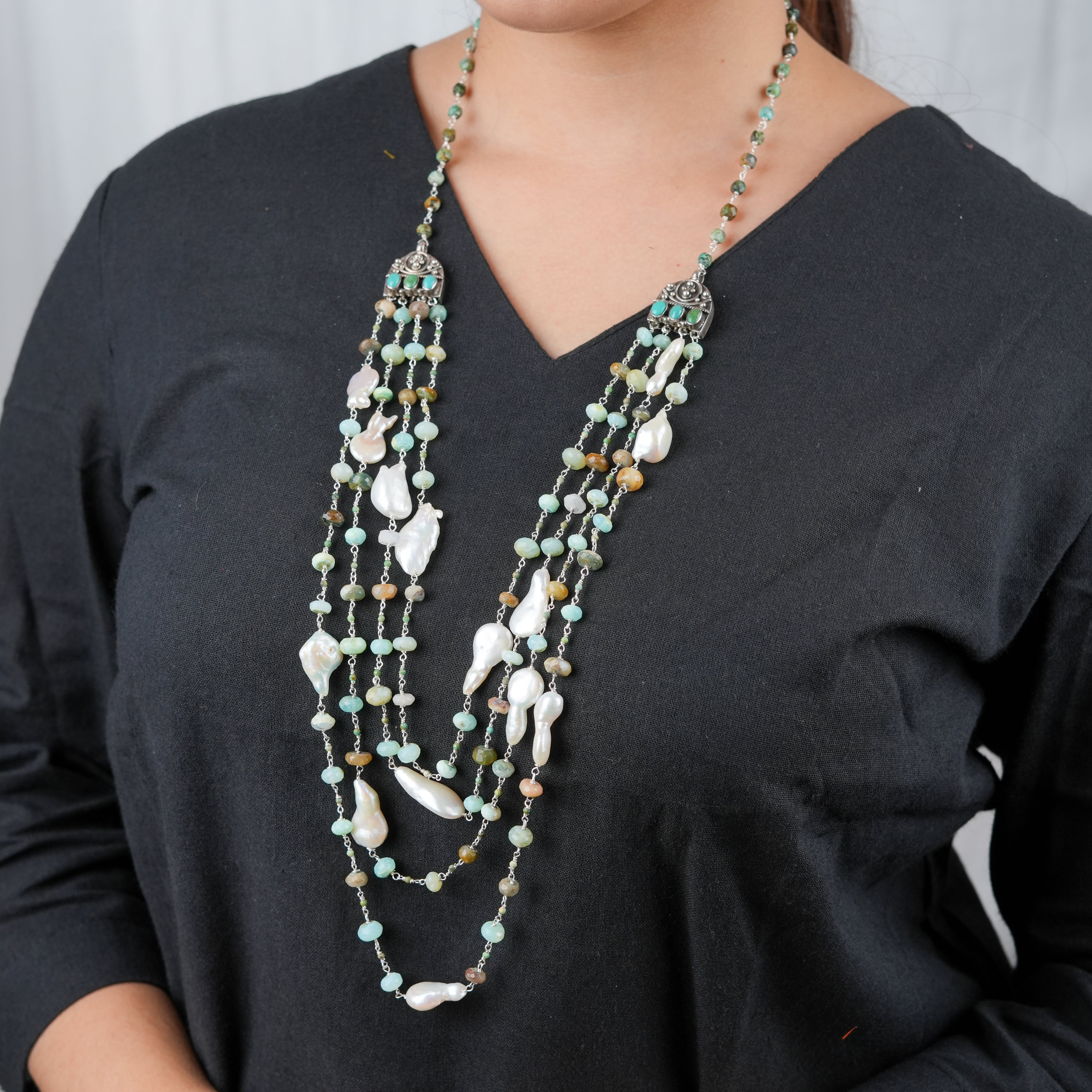 Luxe Necklace – Baroque Pearls, Blue Opal & Firoza
