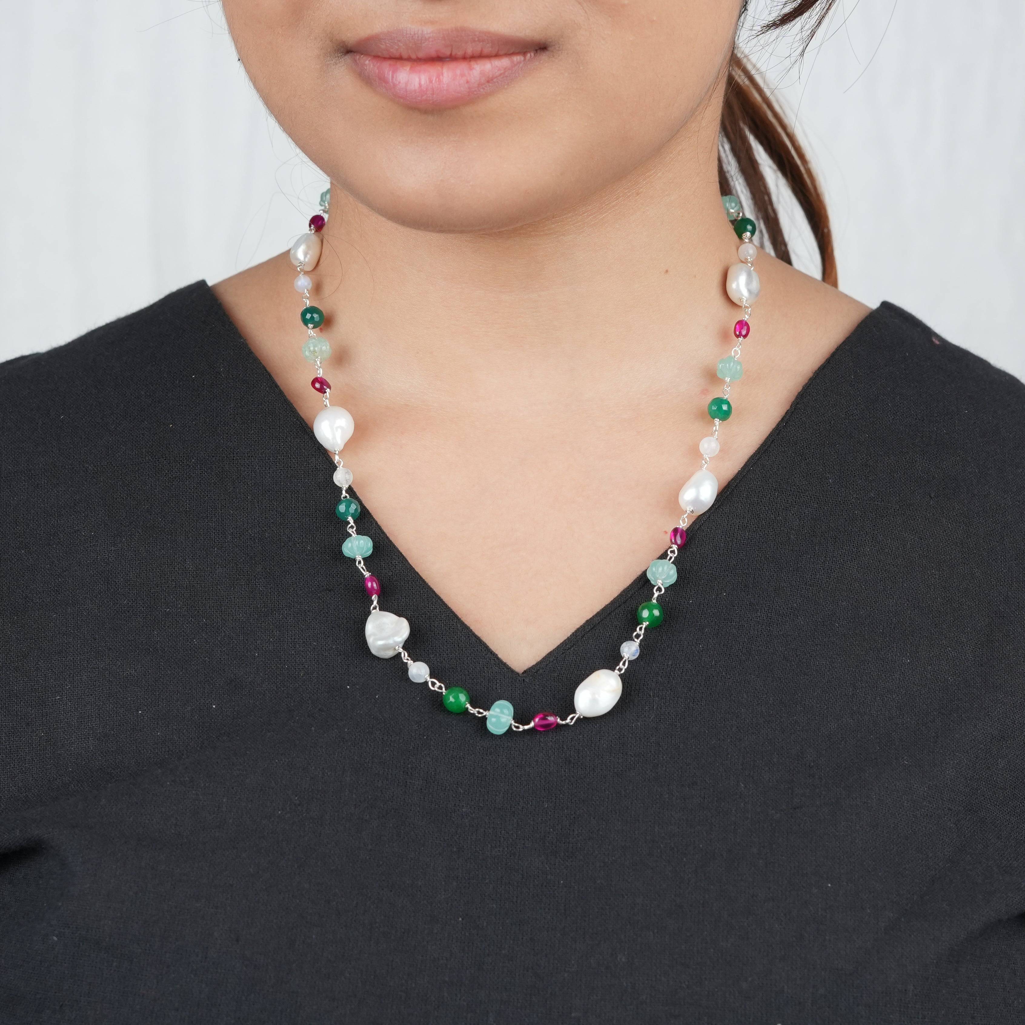 Handcrafted multicolour gemstone Ganthan necklace with baroque pearls