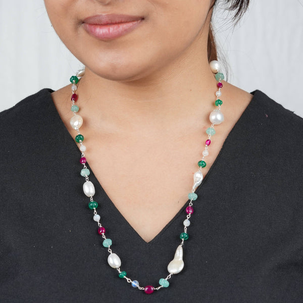 Handcrafted multicolour gemstone Ganthan necklace with baroque pearls