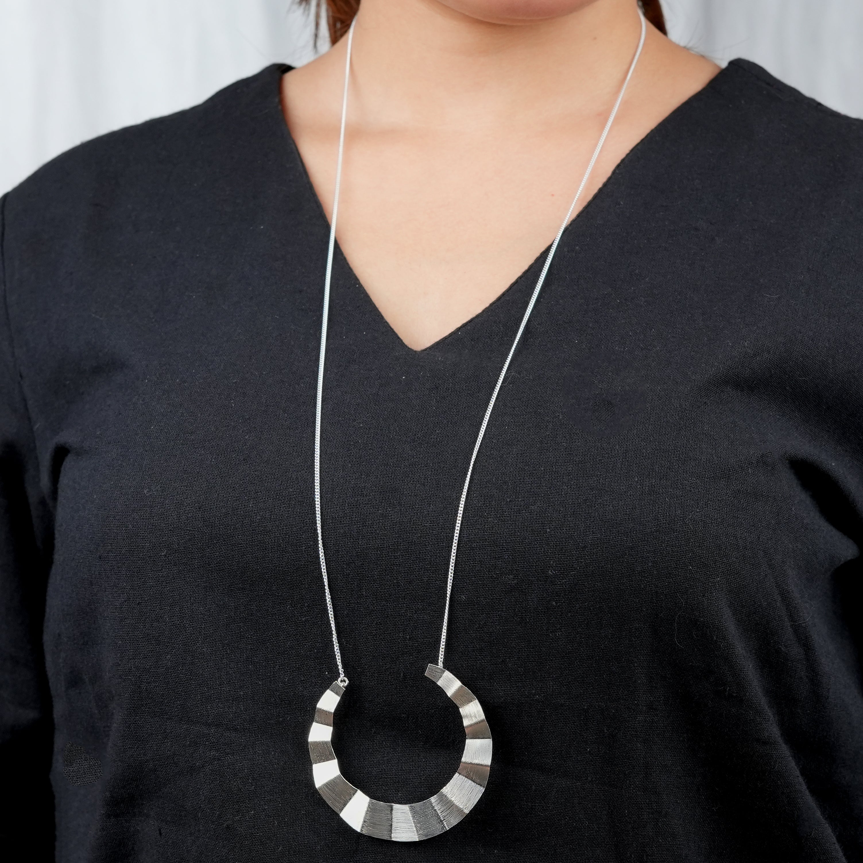 Silver Textured Crescent Pendant Necklace