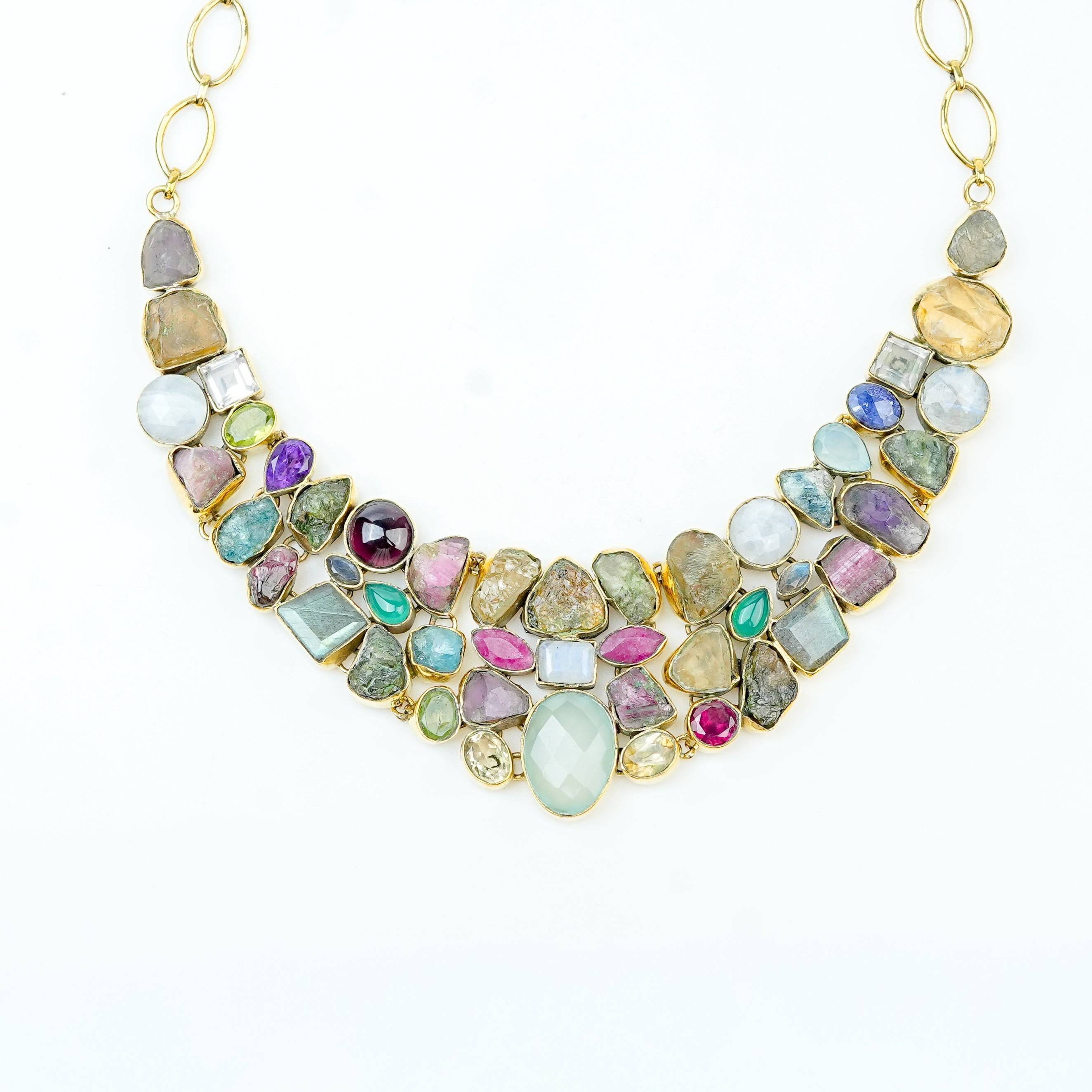 Close-up of a brass fashion necklace showcasing intricate detailing, textured elements, and fine craftsmanship