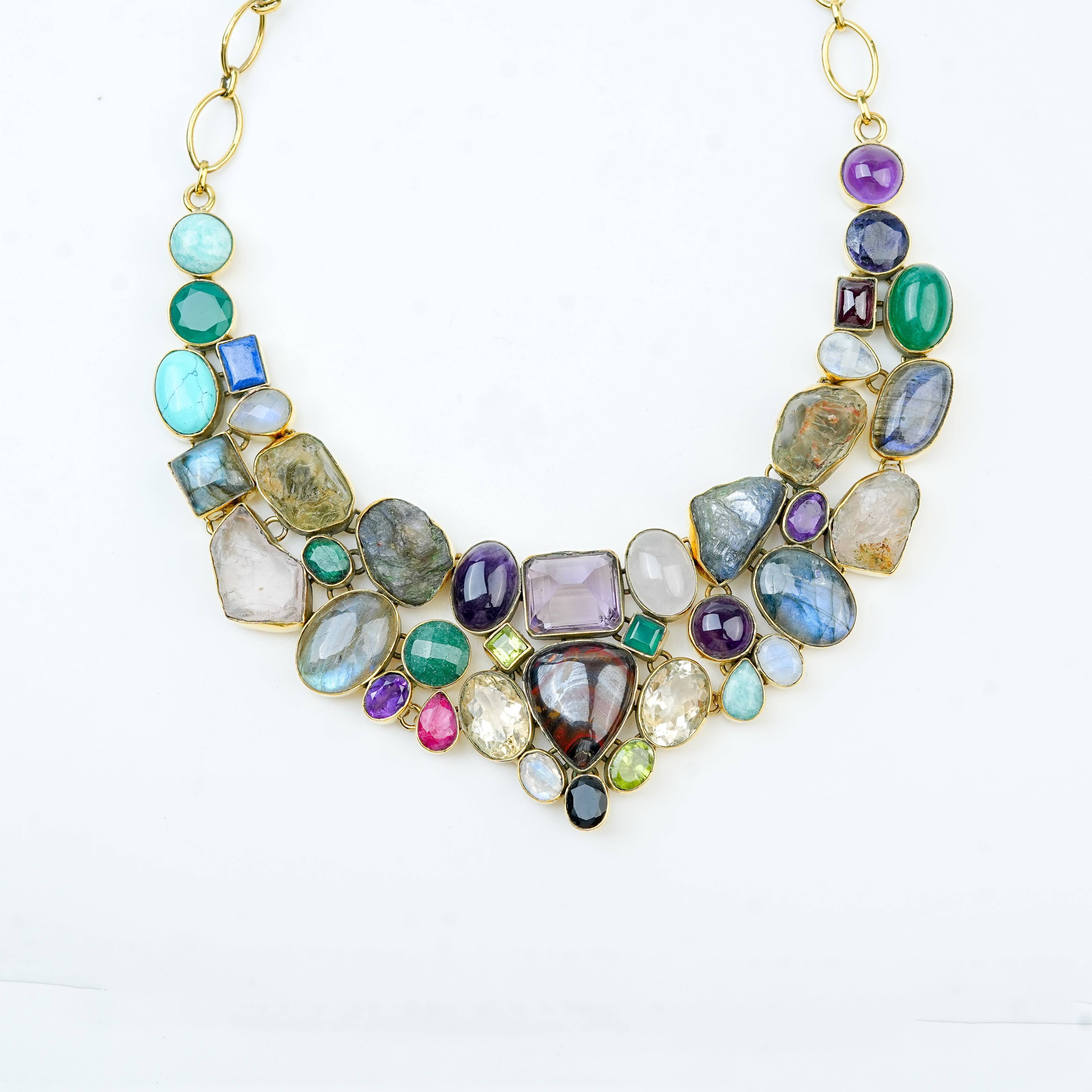Close-up of a brass fashion necklace showcasing intricate detailing, textured elements, and fine craftsmanship