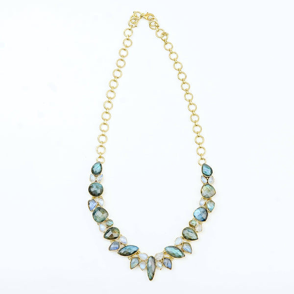 Detailed view of a brass fashion necklace highlighting intricate motifs, textured surface, and refined brass finish