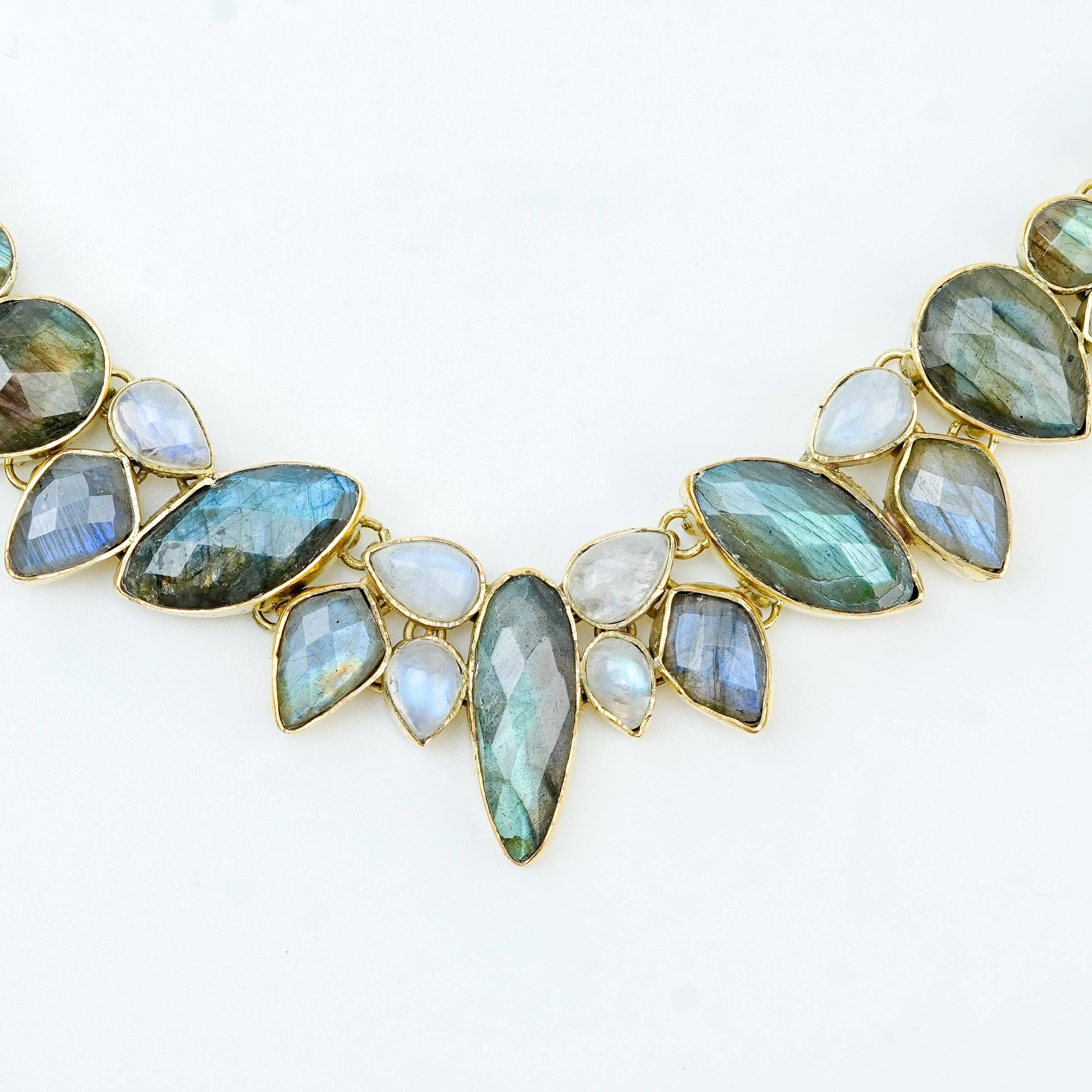 Close-up of a brass fashion necklace showcasing intricate detailing, textured elements, and fine craftsmanship