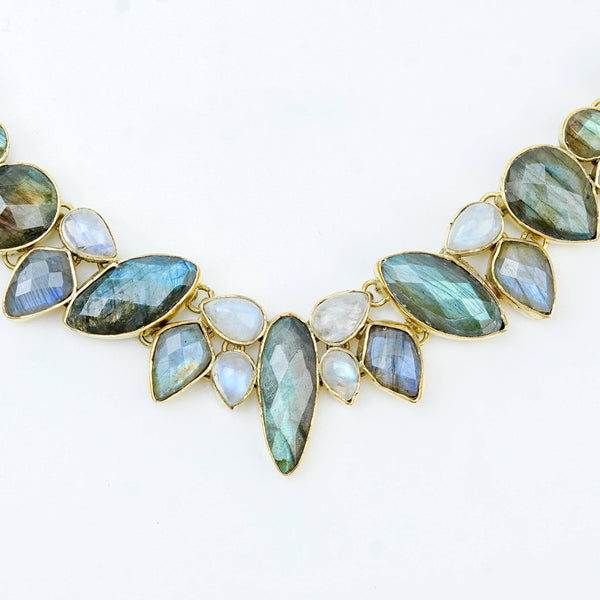 Close-up of a brass fashion necklace showcasing intricate detailing, textured elements, and fine craftsmanship