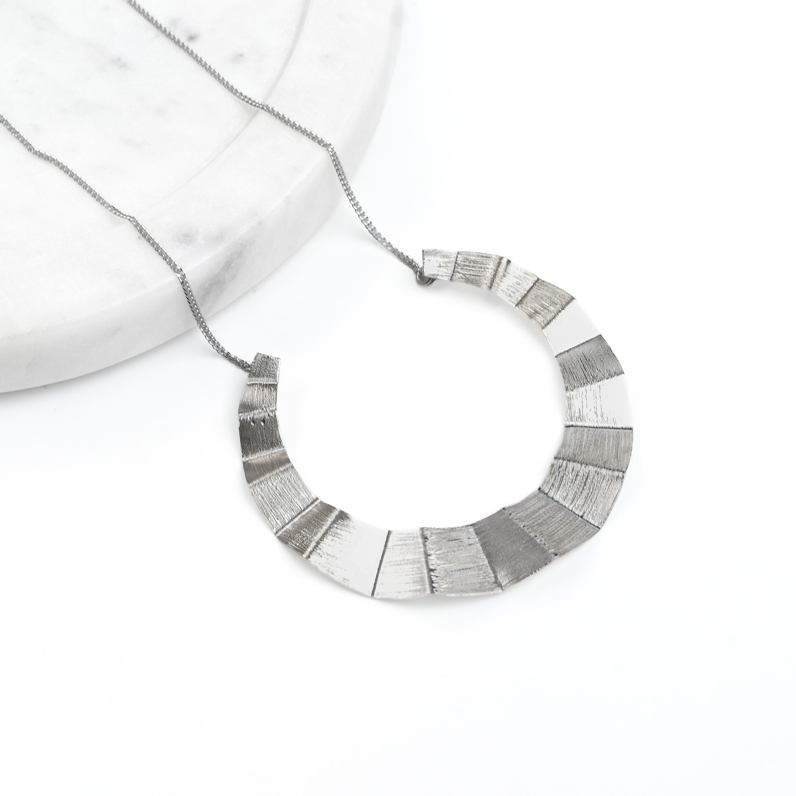 Silver Textured Crescent Pendant Necklace