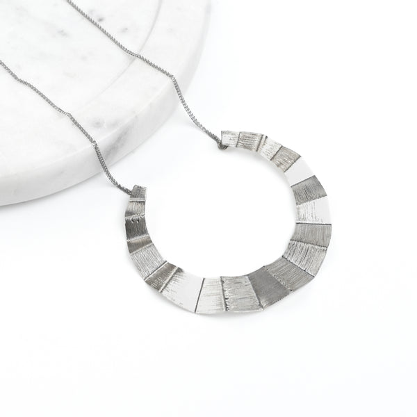 Silver Textured Crescent Pendant Necklace
