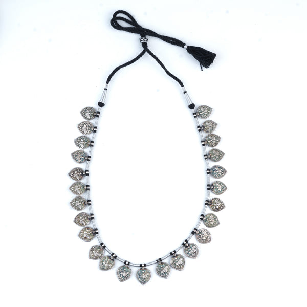 Silver Oxidised Leaf-Shaped Putali Necklace with Black Thread