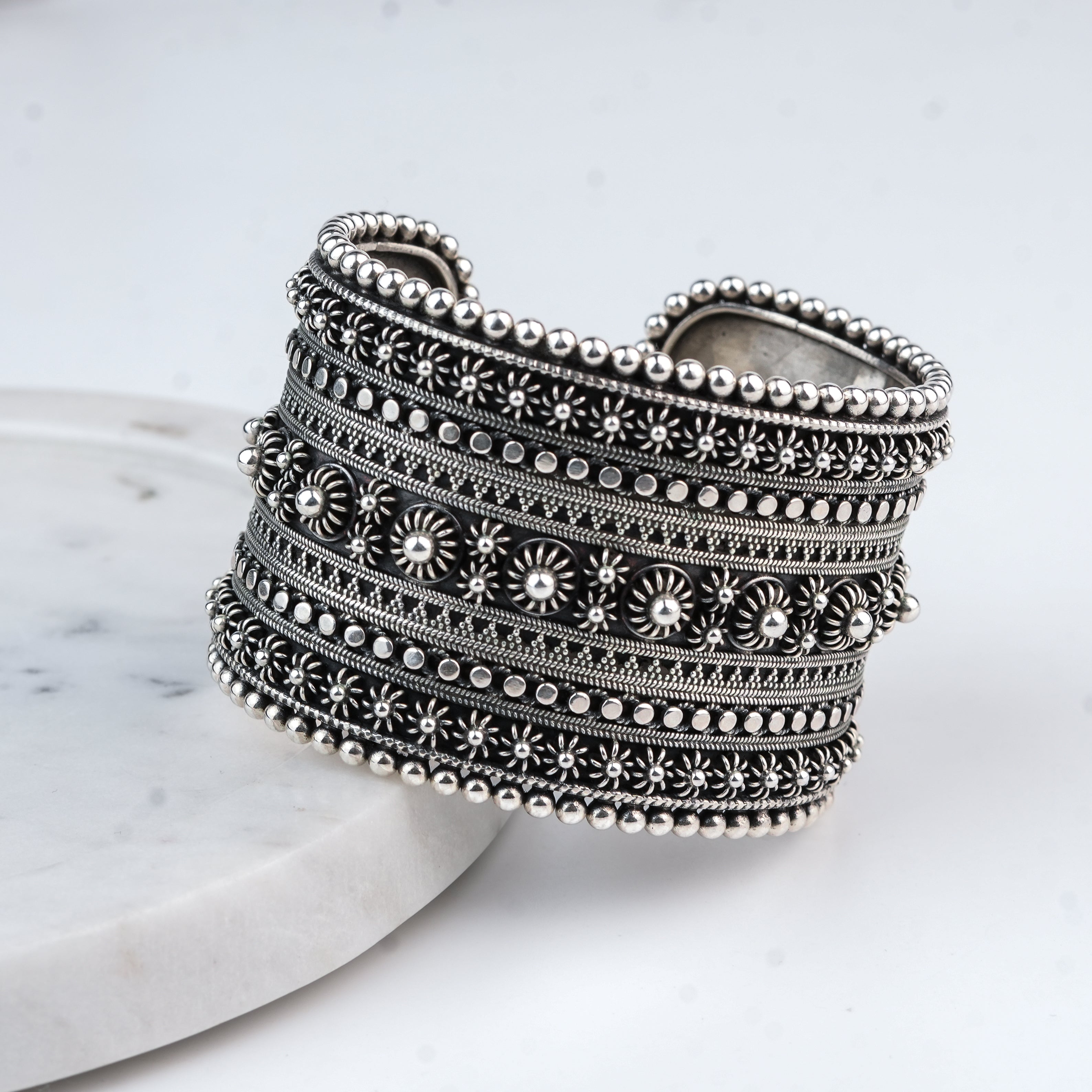 Silver Oxidised Filigree Statement Bracelet