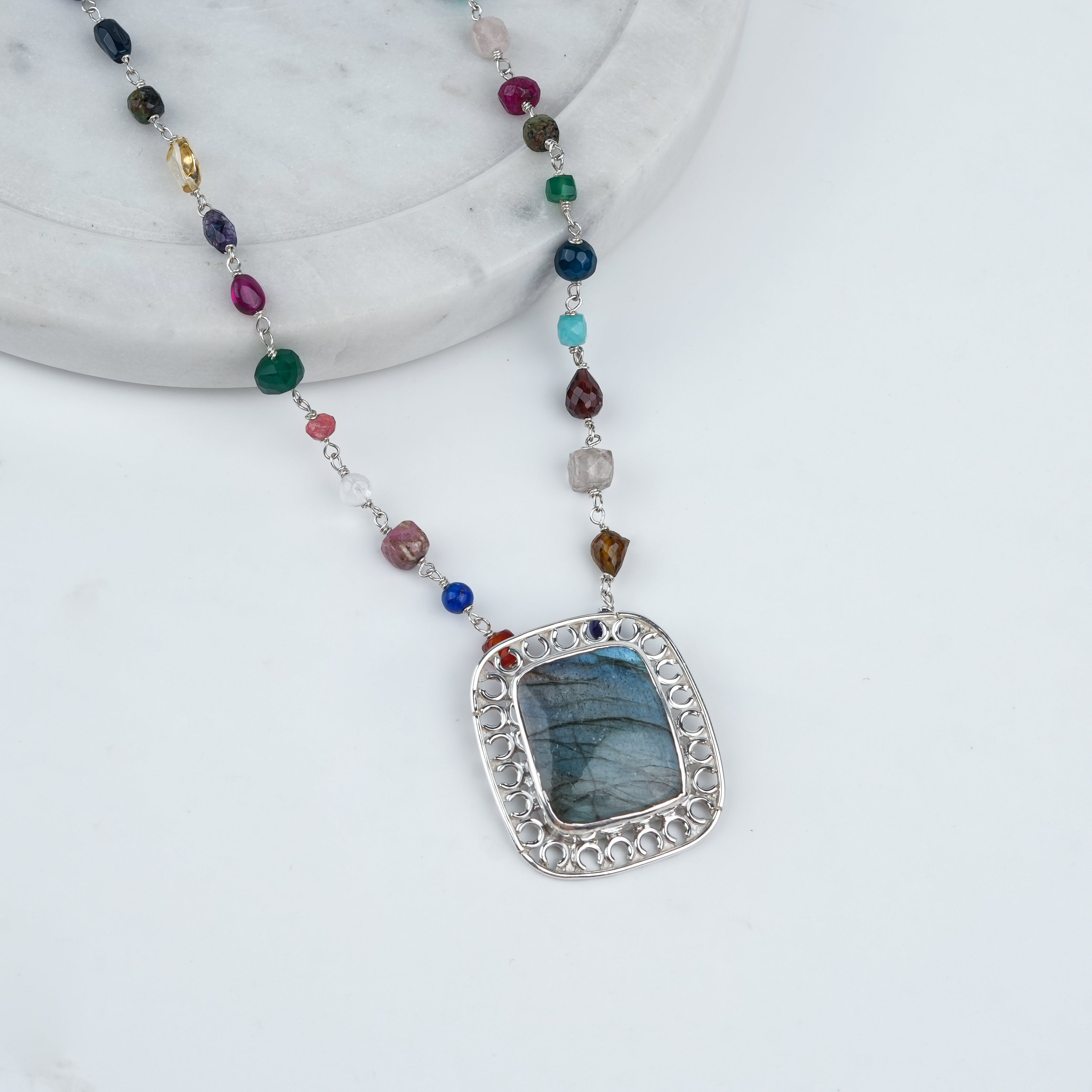 Luxe Necklace – Square Labradorite & Multicolour Stone Ganthan