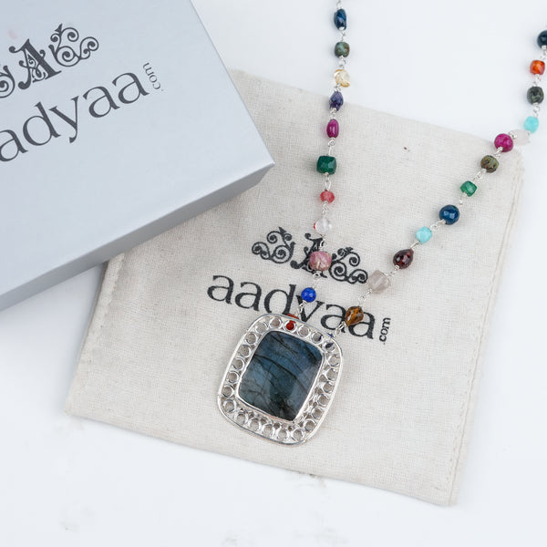 Luxe Necklace – Square Labradorite & Multicolour Stone Ganthan