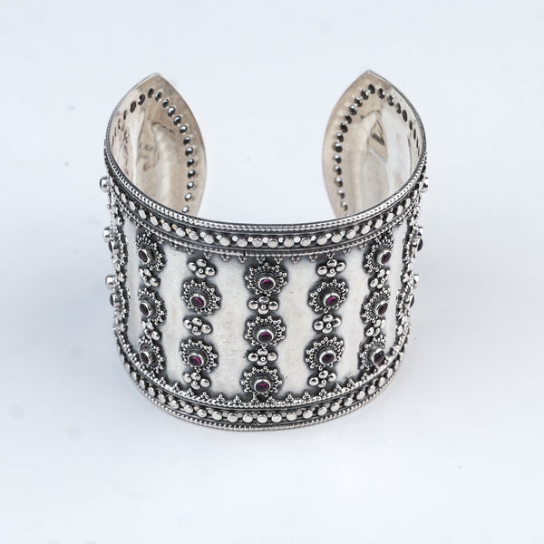 Silver Oxidised Statement Bracelet with Pink Stone