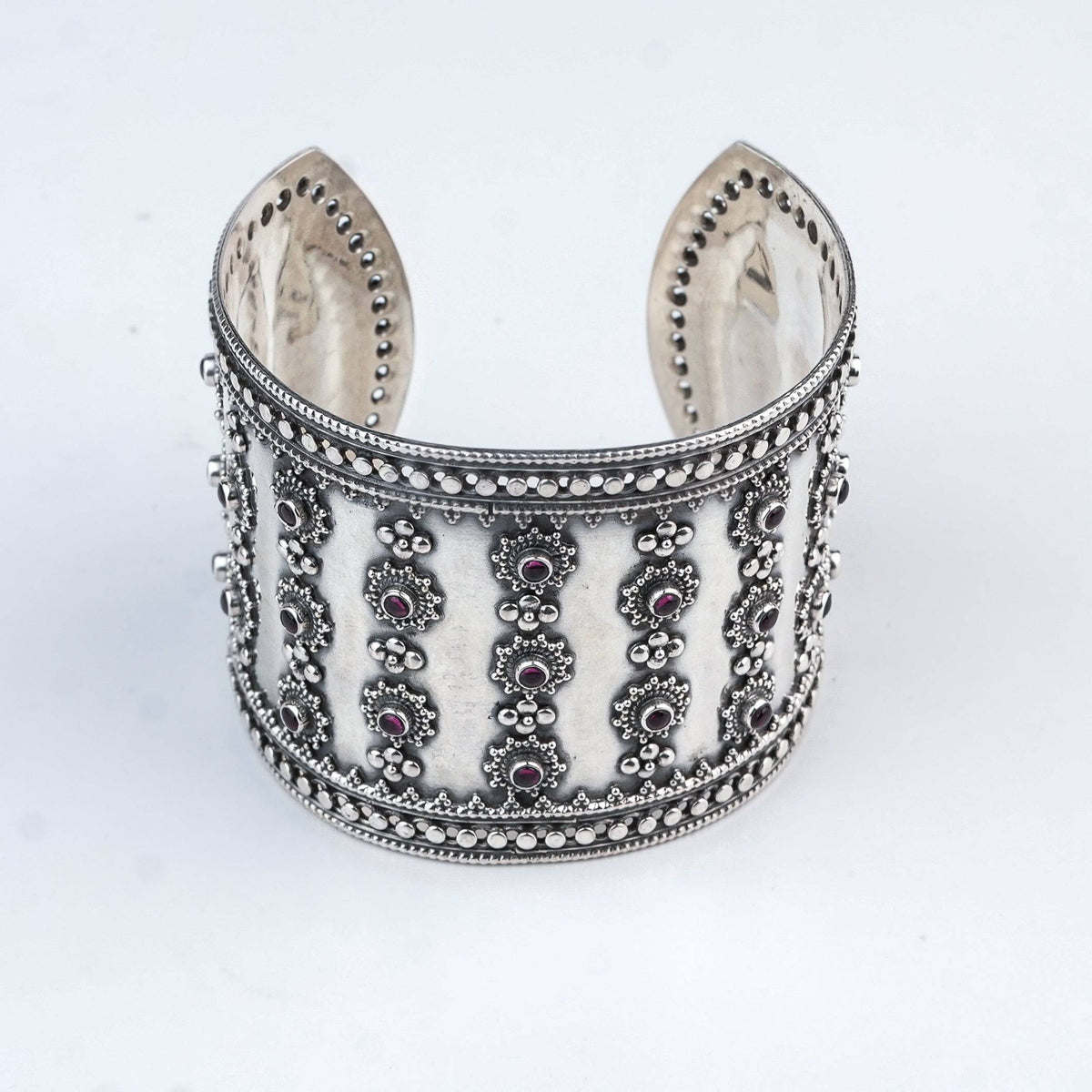 Silver Oxidised Statement Bracelet with Pink Stone