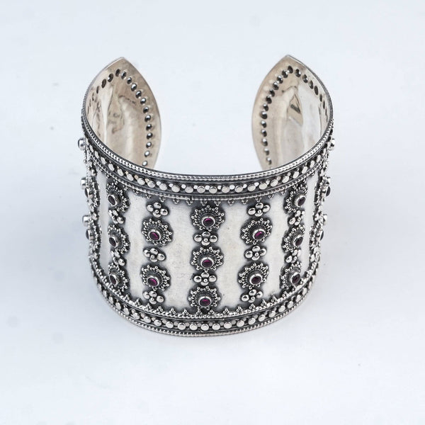 Silver Oxidised Statement Bracelet with Pink Stone