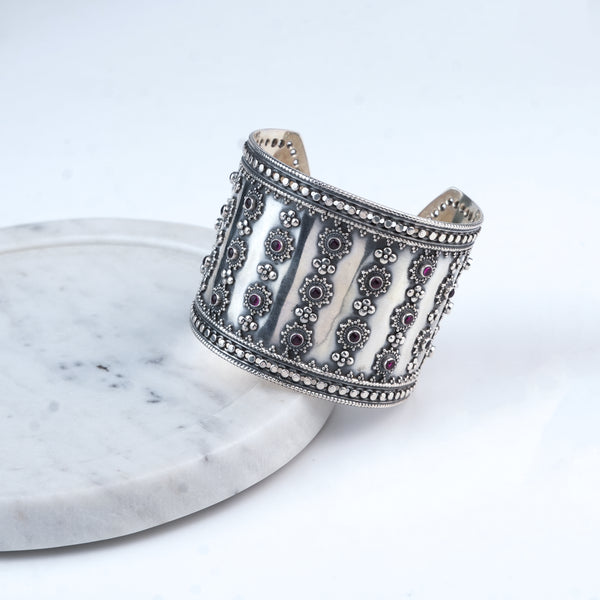 Silver Oxidised Statement Bracelet with Pink Stone