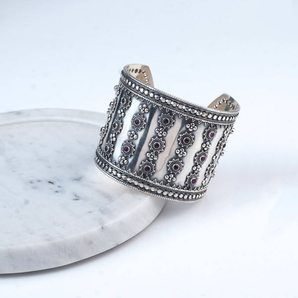 Silver Oxidised Statement Bracelet with Pink Stone