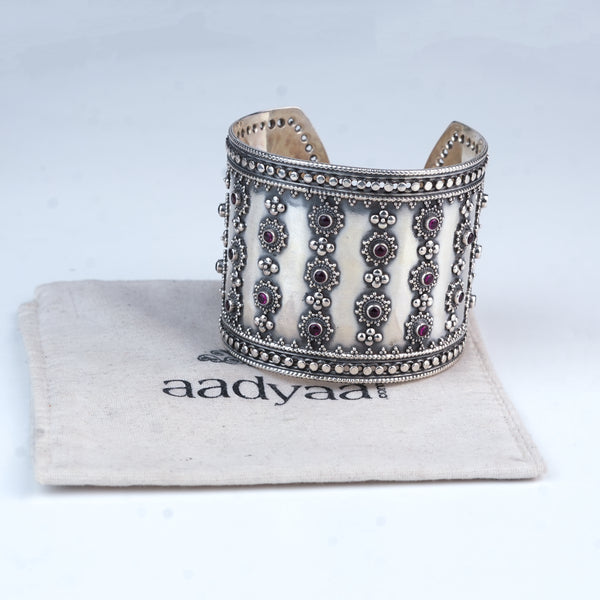 Silver Oxidised Statement Bracelet with Pink Stone