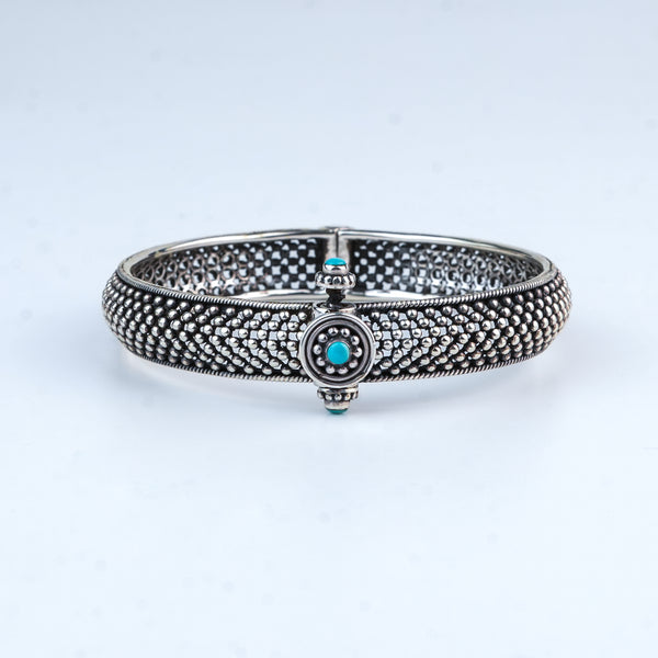 Silver Oxidised Textured Bangle with Blue Stone