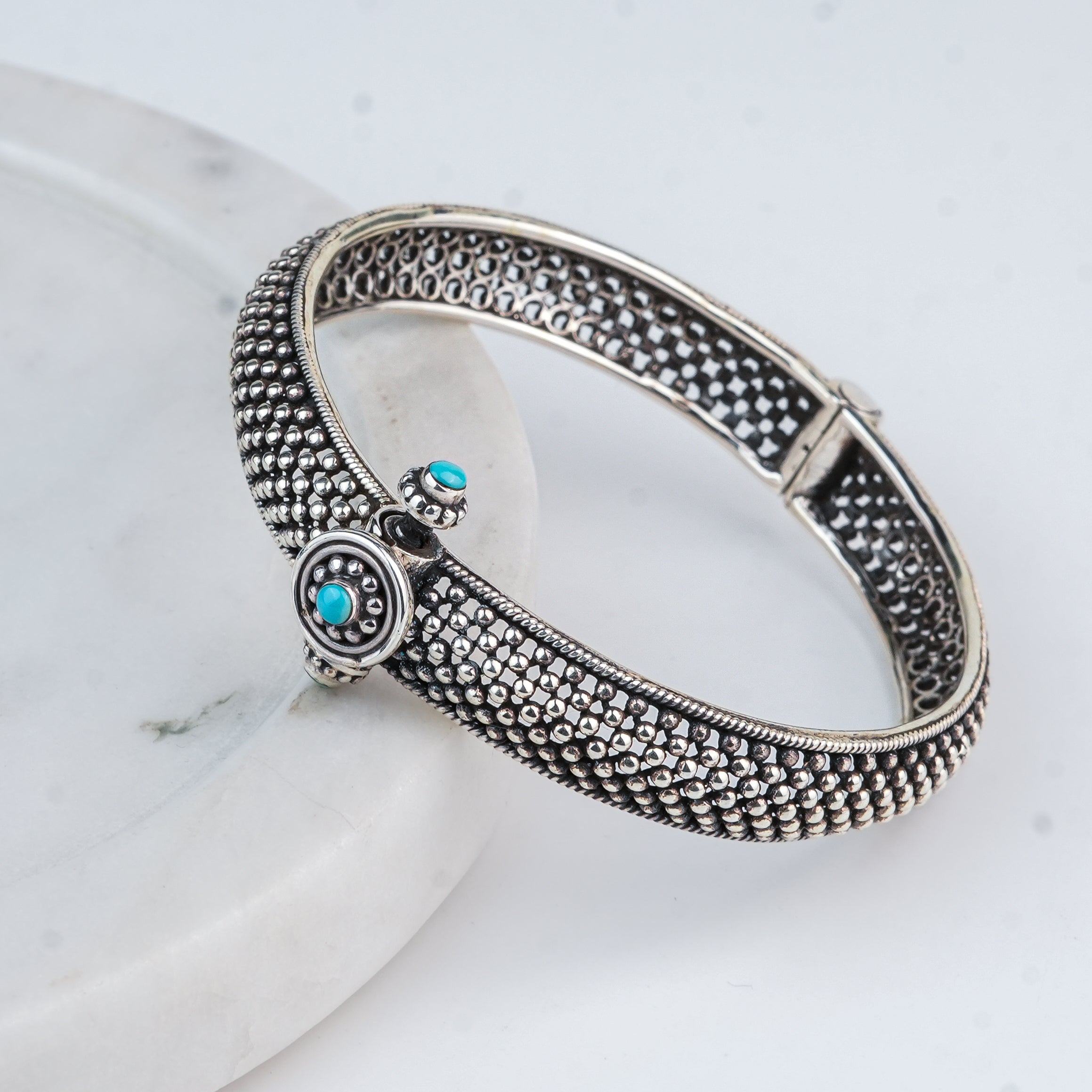 Silver Oxidised Textured Bangle with Blue Stone
