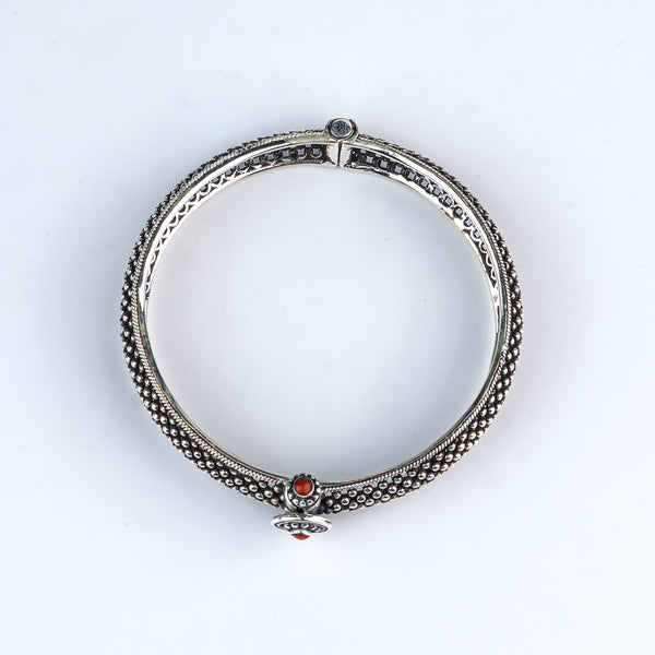 Silver Oxidised Textured Bangle with Red Stone