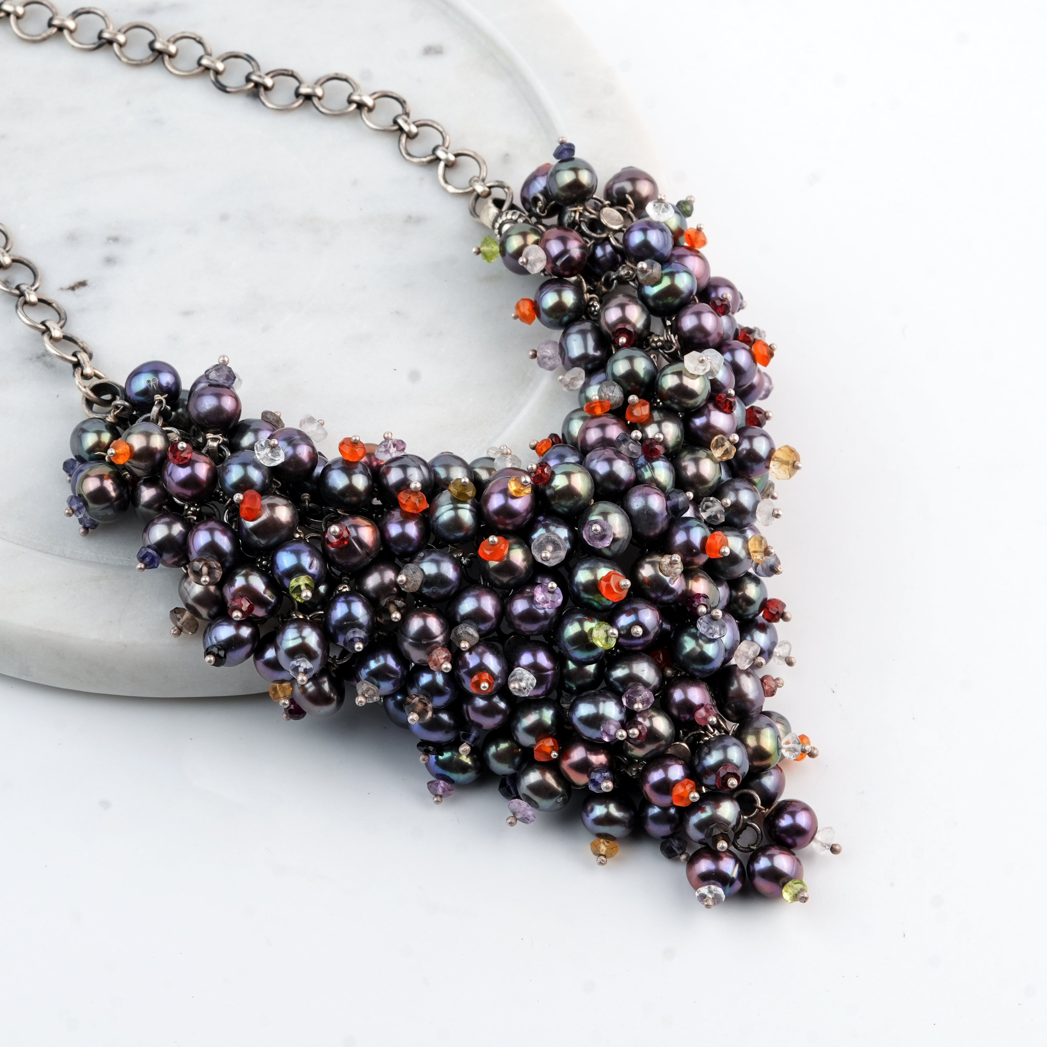 Silver Statement Necklace with Black Baroque Pearls & Semi-Precious Stones