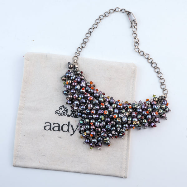 Silver Statement Necklace with Black Baroque Pearls & Semi-Precious Stones