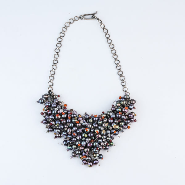 Silver Statement Necklace with Black Baroque Pearls & Semi-Precious Stones