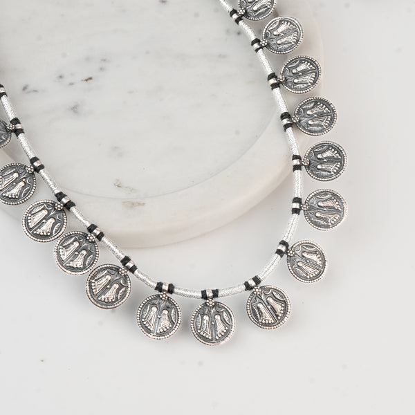Silver Oxidised Putali Coin Necklace with Black Thread