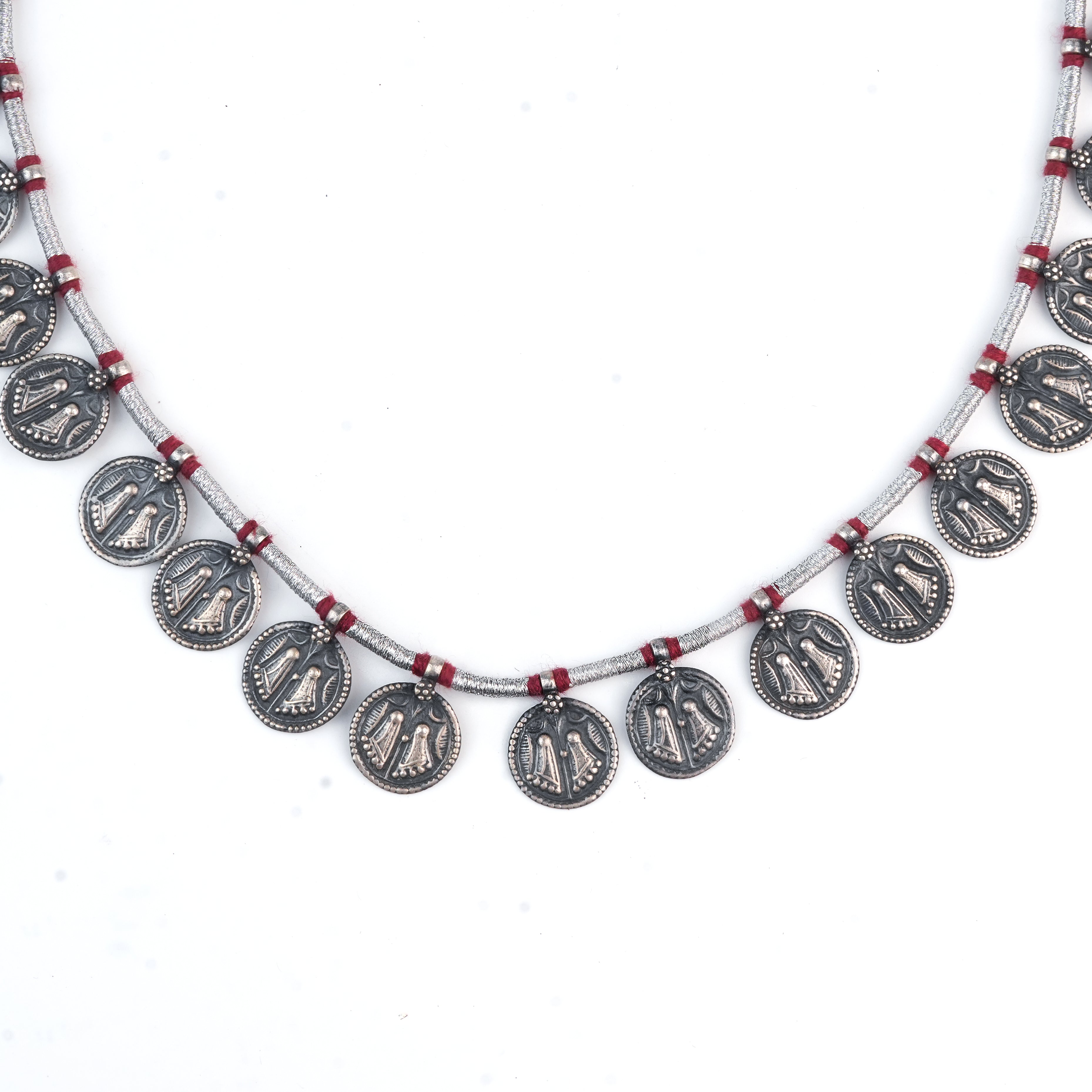 Silver Oxidised Putali Coin Necklace with Red Thread