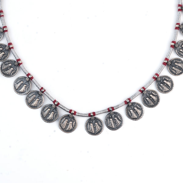 Silver Oxidised Putali Coin Necklace with Red Thread