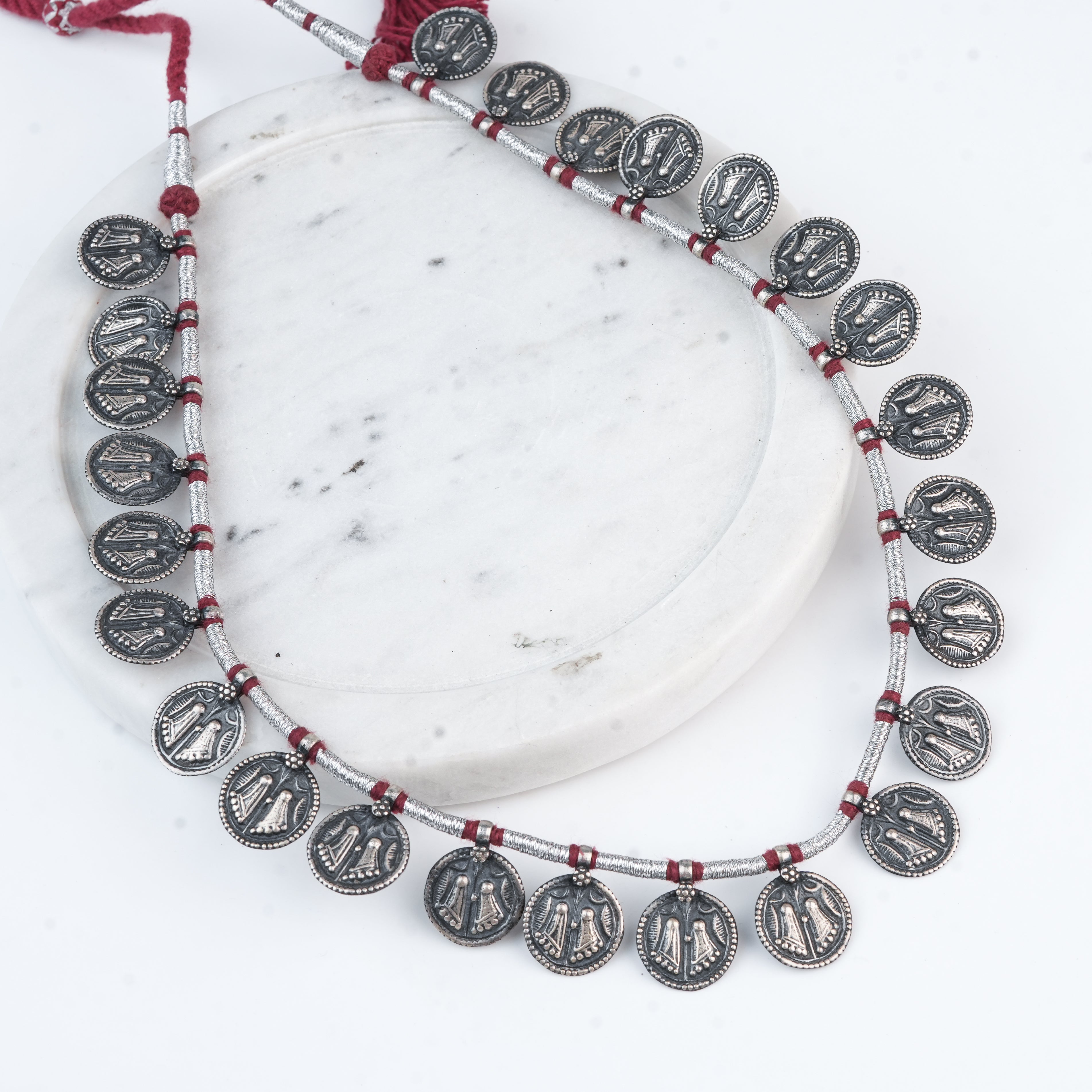 Silver Oxidised Putali Coin Necklace with Red Thread