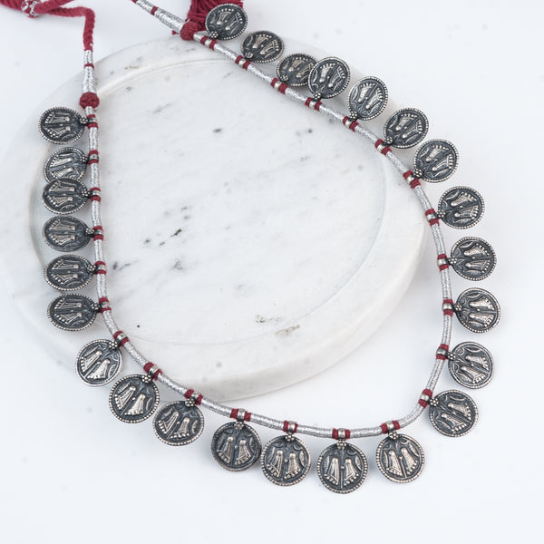 Silver Oxidised Putali Coin Necklace with Red Thread