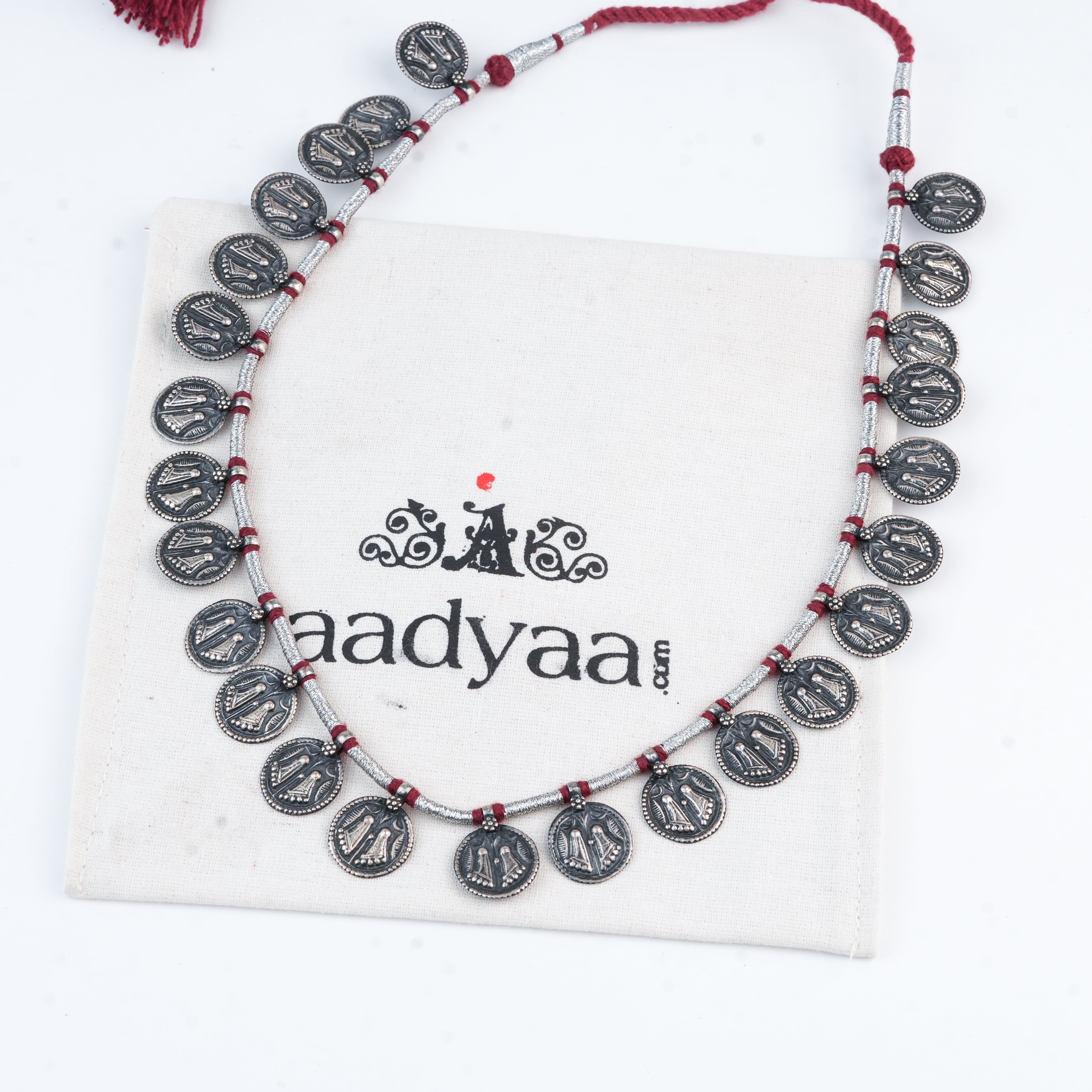 Silver Oxidised Putali Coin Necklace with Red Thread