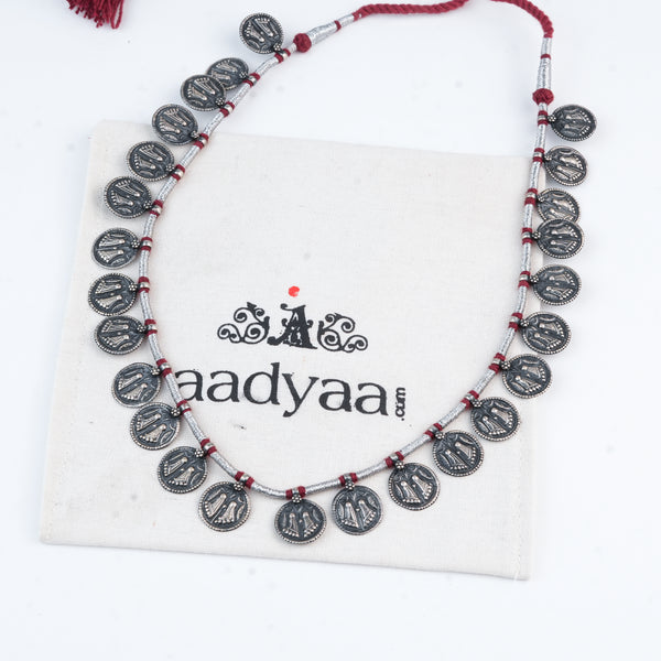 Silver Oxidised Putali Coin Necklace with Red Thread