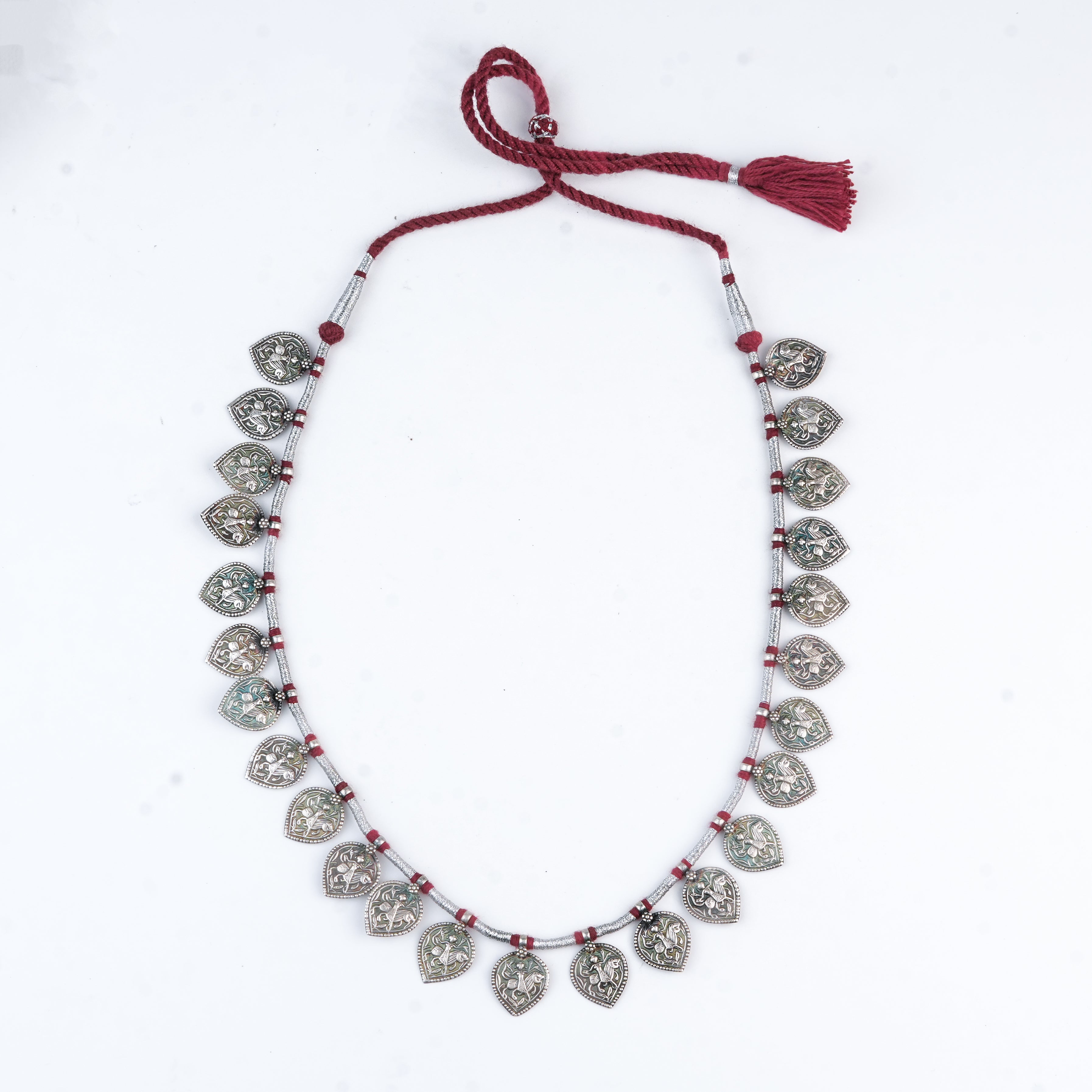 Silver Oxidised Leaf-Shaped Putali Necklace with Red Thread
