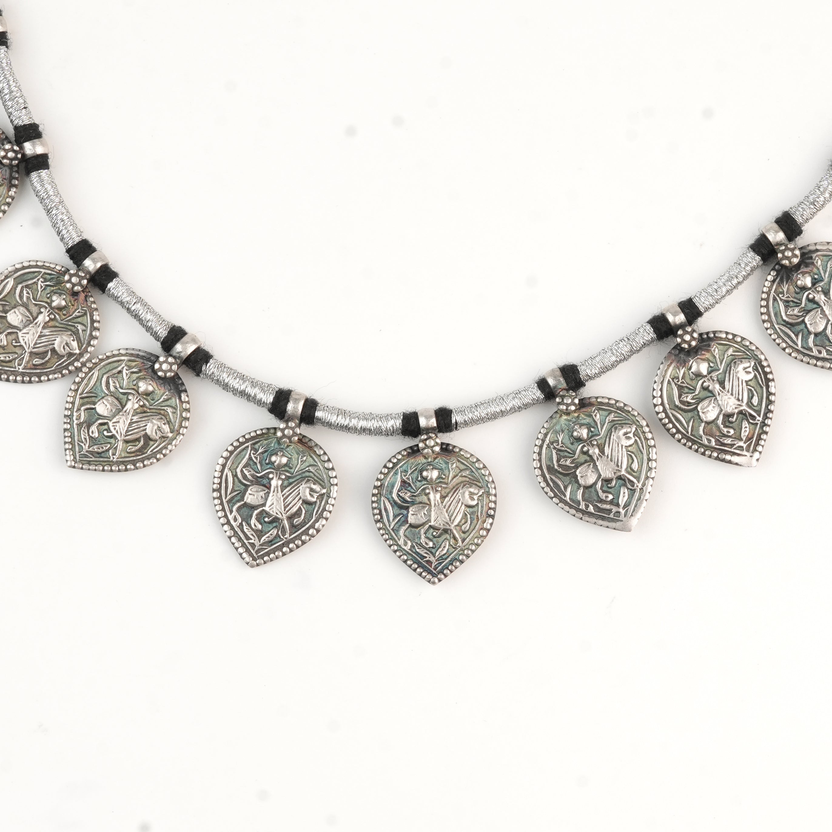 Silver Oxidised Leaf-Shaped Putali Necklace with Black Thread