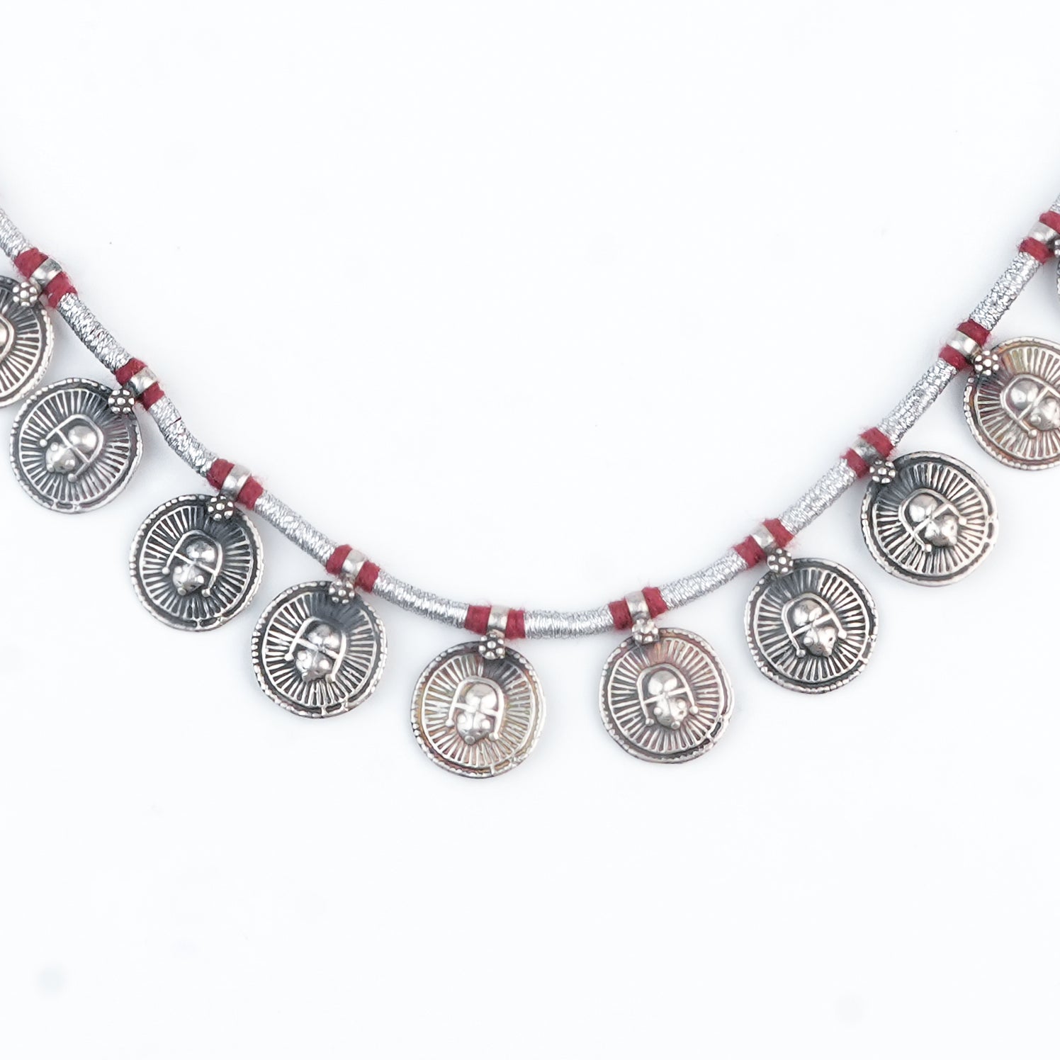 Silver Oxidised Coin Putali Necklace with Red Thread
