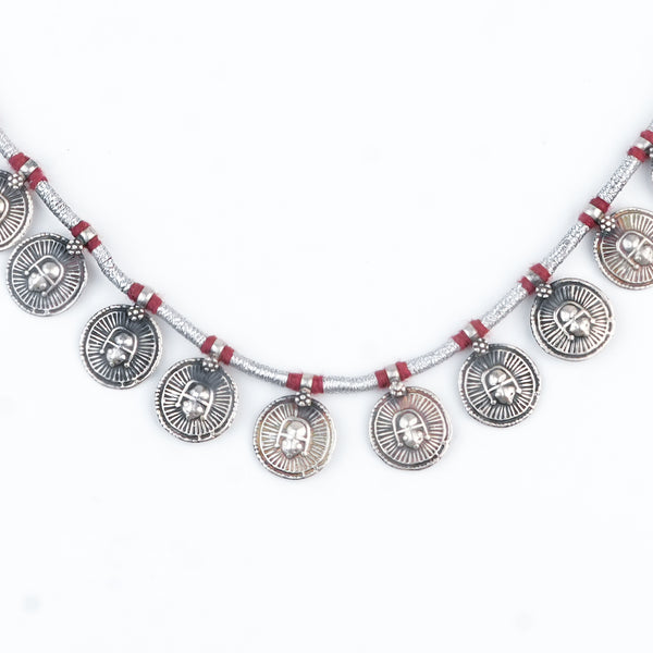Silver Oxidised Coin Putali Necklace with Red Thread