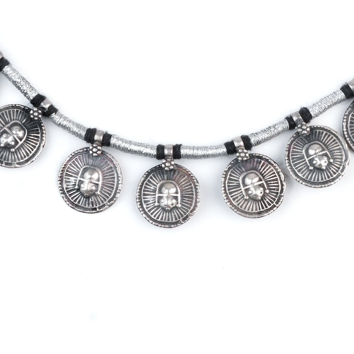 Silver Oxidised Coin Putali Necklace with Black Thread